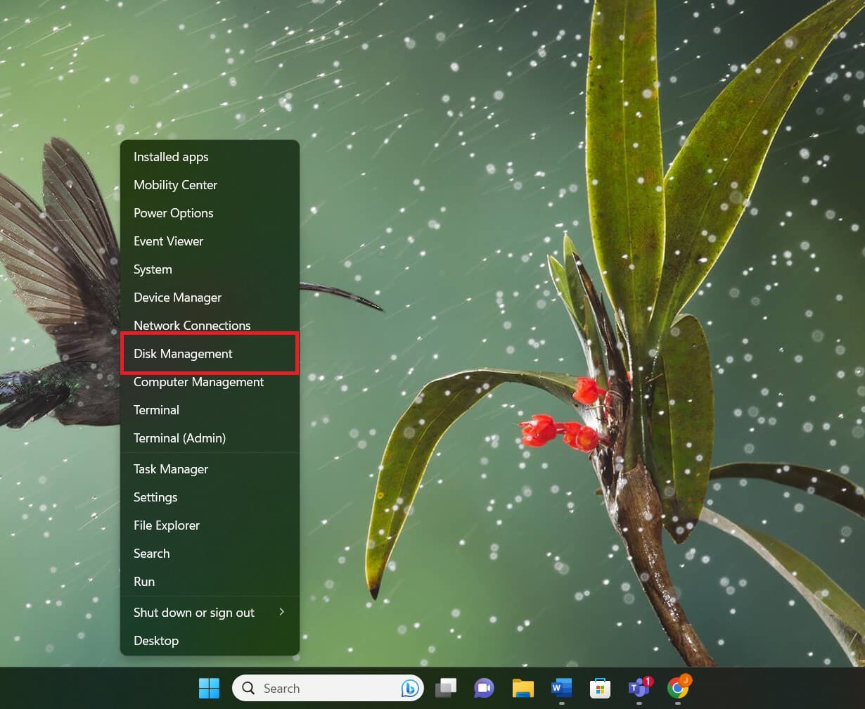 Fare clic con il tasto destro sull'icona di Windows e scegliere Gestione disco