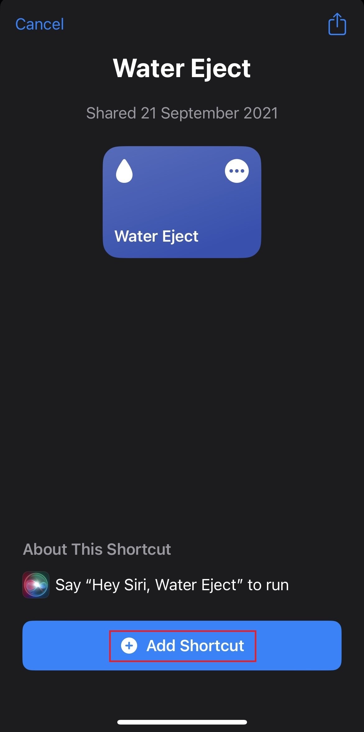 Accedi al collegamento Espelli acqua sul tuo iPhone e tocca Aggiungi collegamento per aggiungerlo.