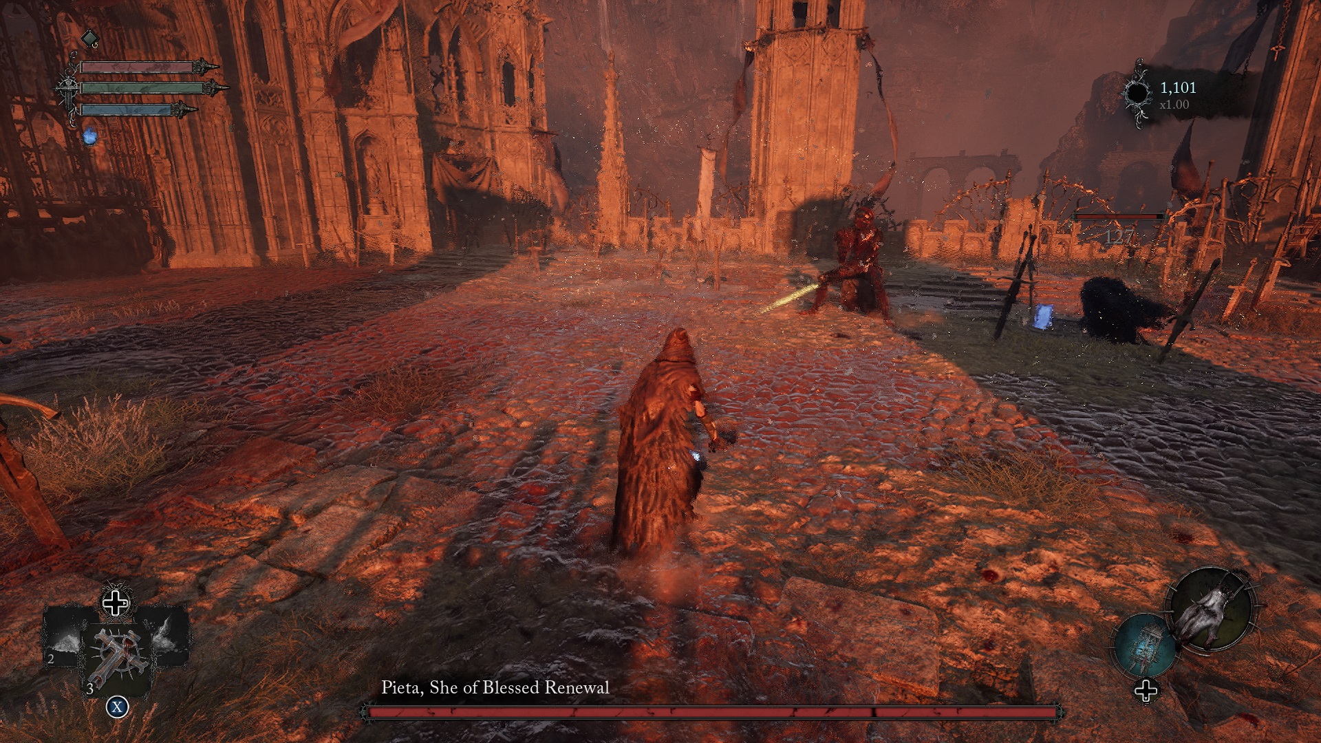 Screenshot di gioco di Lords of the Fallen (2023) della lotta contro il boss Pieta