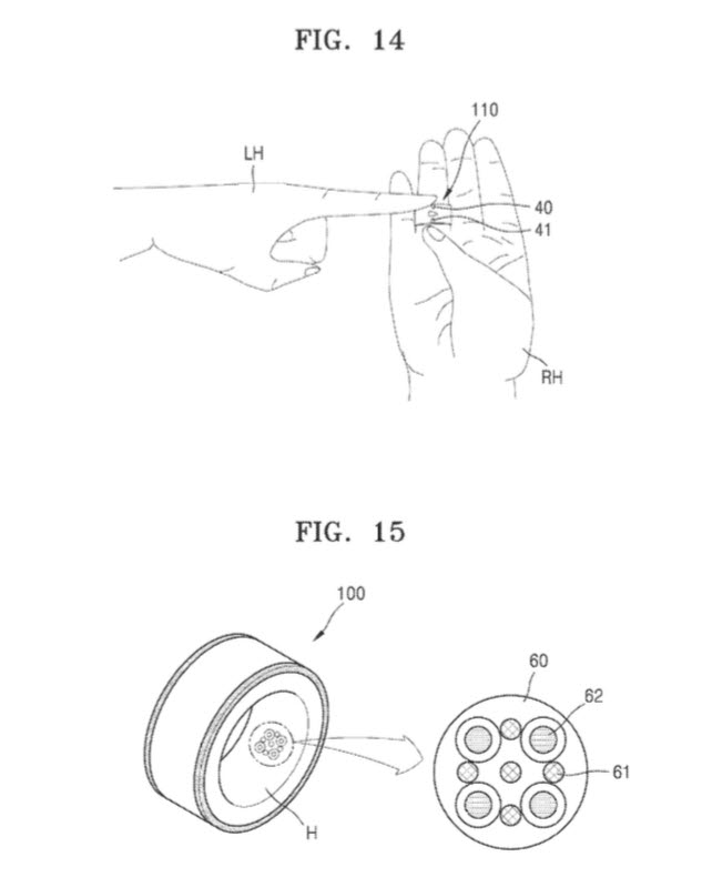 Un brevetto del Samsung Galaxy Ring, che mostra i suoi sensori sanitari integrati.