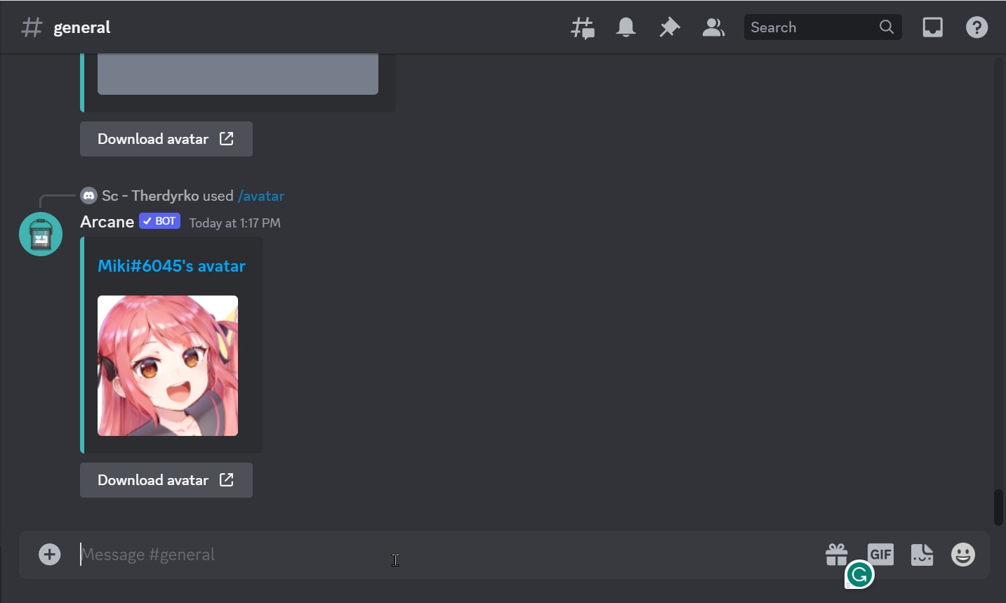 Qui abbiamo usato /avatar per visualizzare l'immagine del profilo di un utente | usa la discordia dei bot arcani
