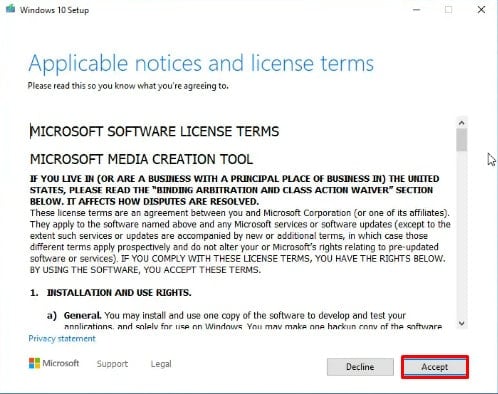 Una volta visualizzati i termini della licenza, fare clic su Accetta.
