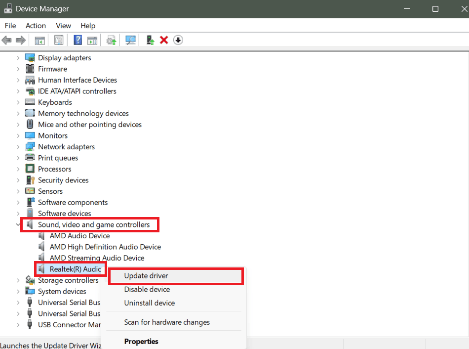 Espandi la categoria Controller audio, video e giochi e fai clic con il pulsante destro del mouse sul driver audio Realtek (R). Seleziona Aggiorna driver dal menu contestuale.