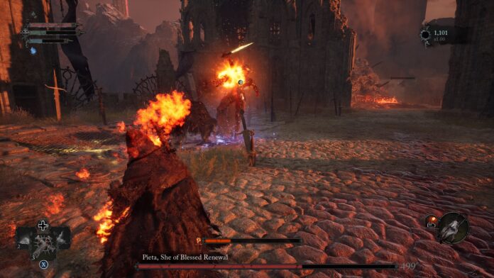 Screenshot di gioco di Lords of the Fallen (2023) della lotta contro il boss Pieta