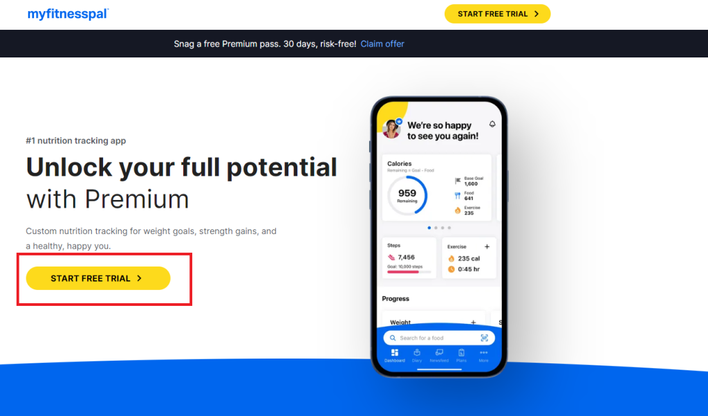Fai clic sul pulsante Inizia prova gratuita per ottenere MyFitnessPal Premium gratuitamente