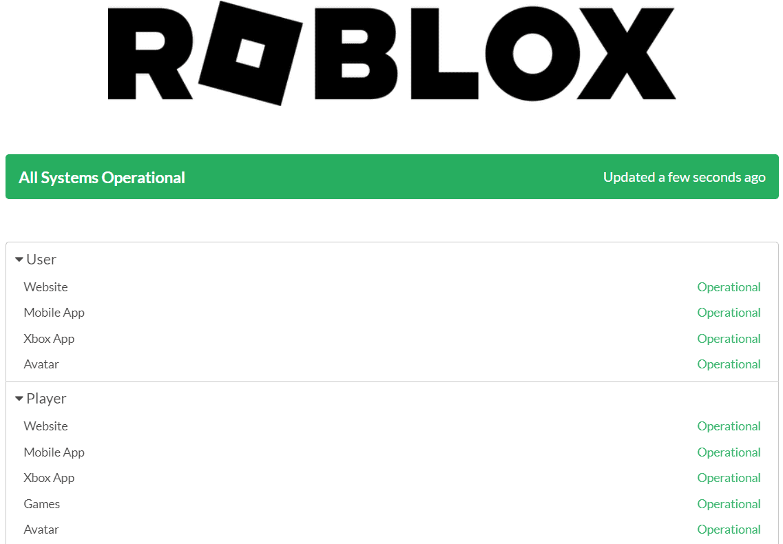 Pagina di stato del server Roblox
