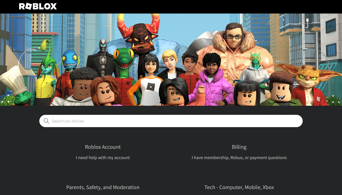 Pagina di supporto Roblox