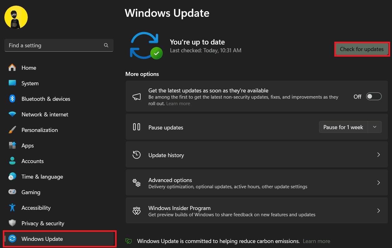 Passare alla scheda Windows Update e fare clic su Controlla aggiornamenti a destra.