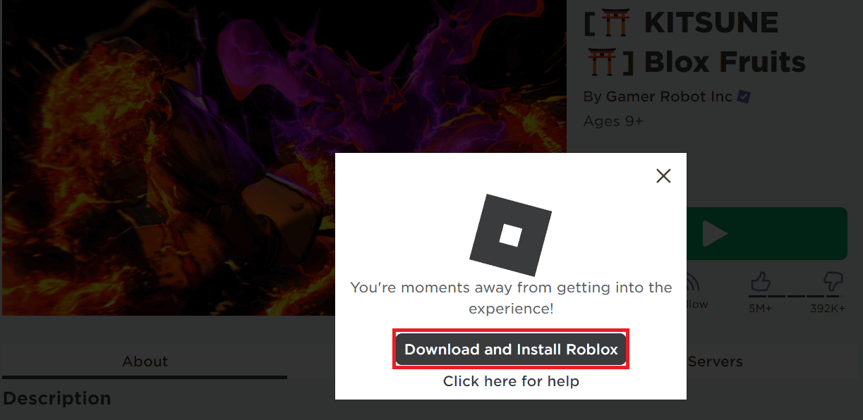 Seleziona Scarica e installa Roblox nella finestra di messaggio