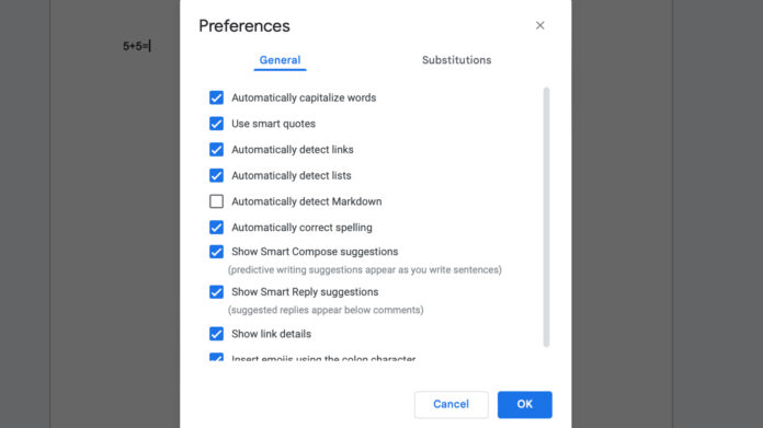 Le impostazioni delle preferenze per Google Docs.