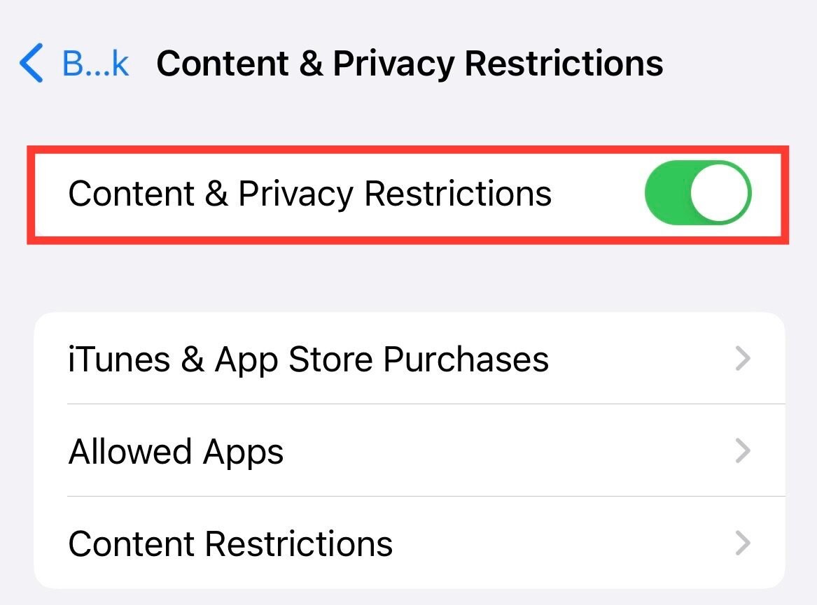 Disattiva l'opzione per le restrizioni sui contenuti e sulla privacy