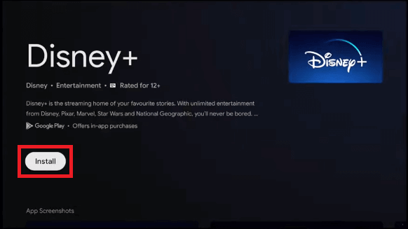 Fai clic sul pulsante Installa per installare Disney Plus su Google TV