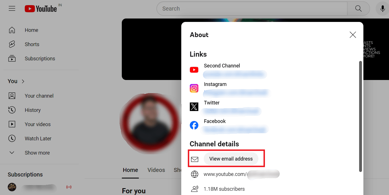 Nella finestra pop-up Informazioni, fai clic su Visualizza indirizzo email in Dettagli canale.