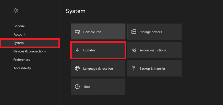 Passare alla scheda Sistema, selezionare Aggiornamenti nel riquadro di destra | NBA 2K24 crash di Xbox Series X o S