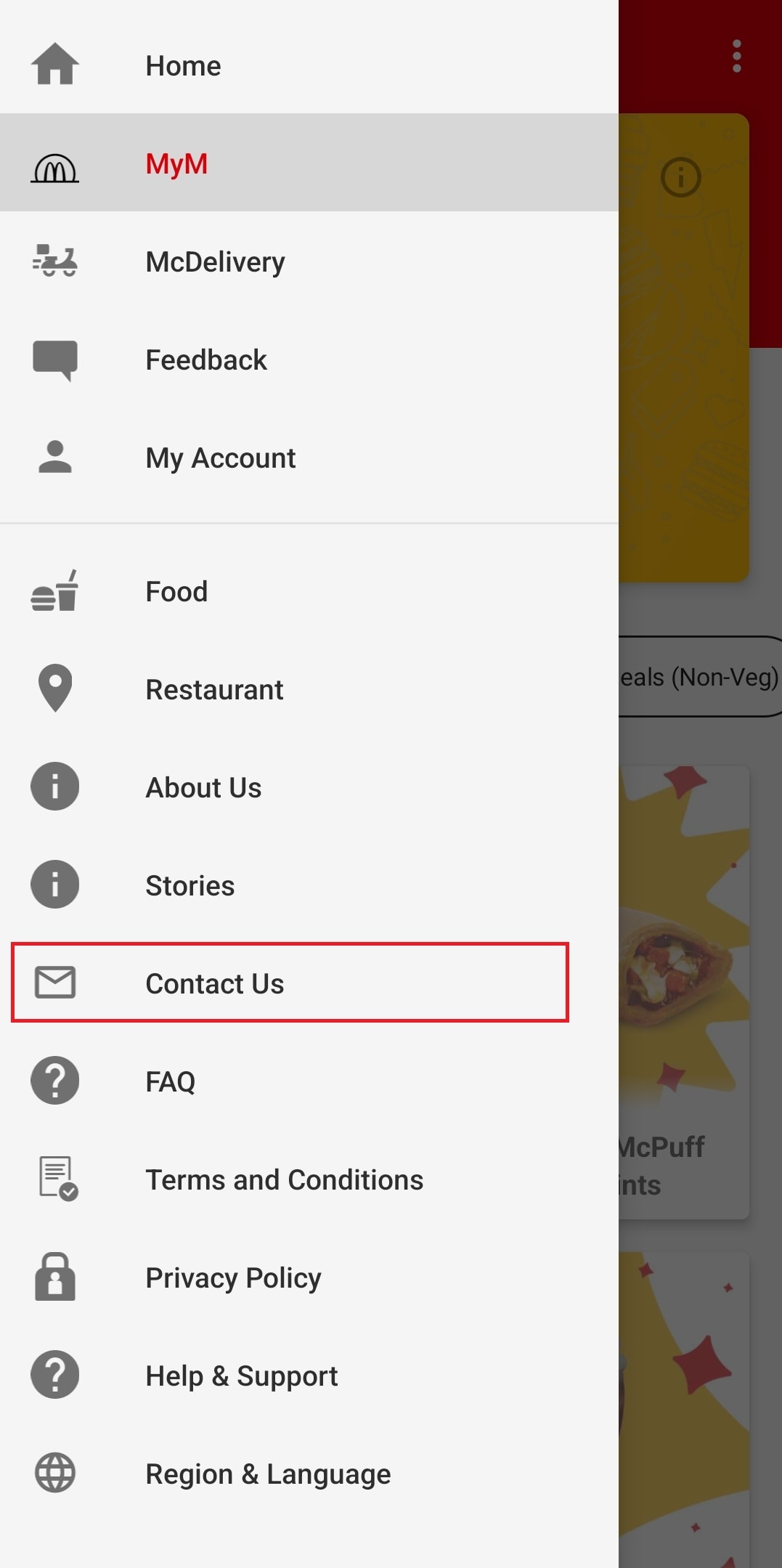 Opzione Contattaci sull'app | L'app McDonald's non mi consente di ordinare
