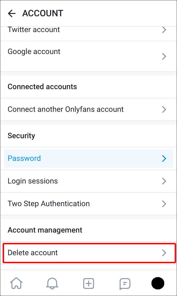 Scorri verso il basso e tocca Elimina account