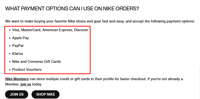 Opzioni di pagamento sul sito web Nike