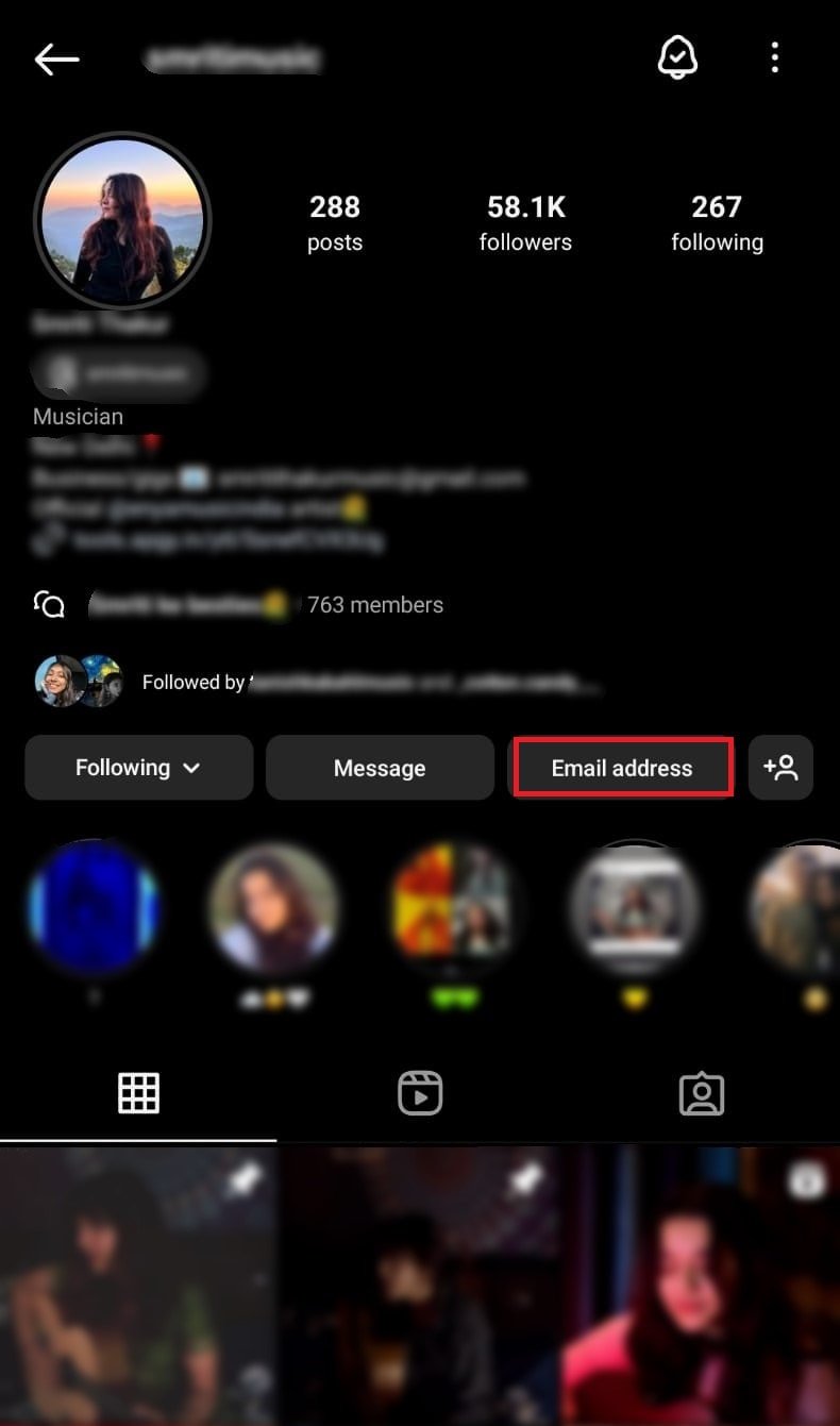 Indirizzo email di un creator di YouTube su Instagram